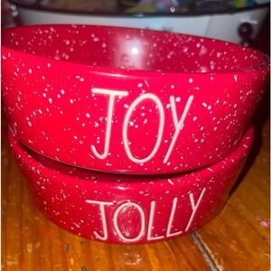 Rae Dunn ~ JOLLY & JOY ~ Set of 2 ~ Holiday Pet Dog Cat Bowls (4 Inches each)